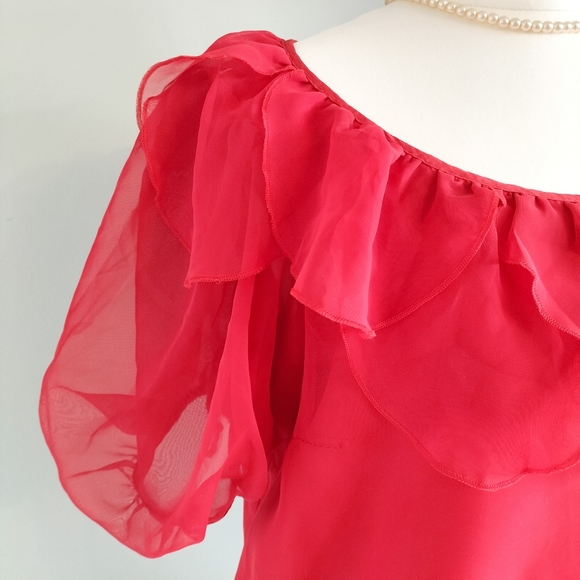 Vintage 90s Red Chiffon Peasant Top - Picture 4 of 6